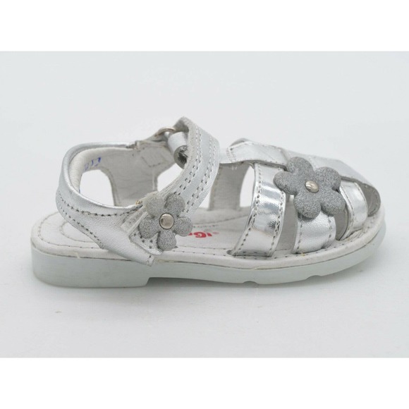 Dogi Sandals Baby Size 6 Silver Glitter Flower Strappy Slingback Hook & Loop - Picture 4 of 9